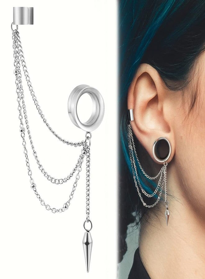 Earblity 2PCS 6mm/2g Silver Trendy Cuff Clip Triple Chain Dangle Ear Plugs Gauges Screw Ear Tunnels for Women Men Hypoallergenic 316 Stainless Steel Ear Body Piercing Jewelry - Image 2